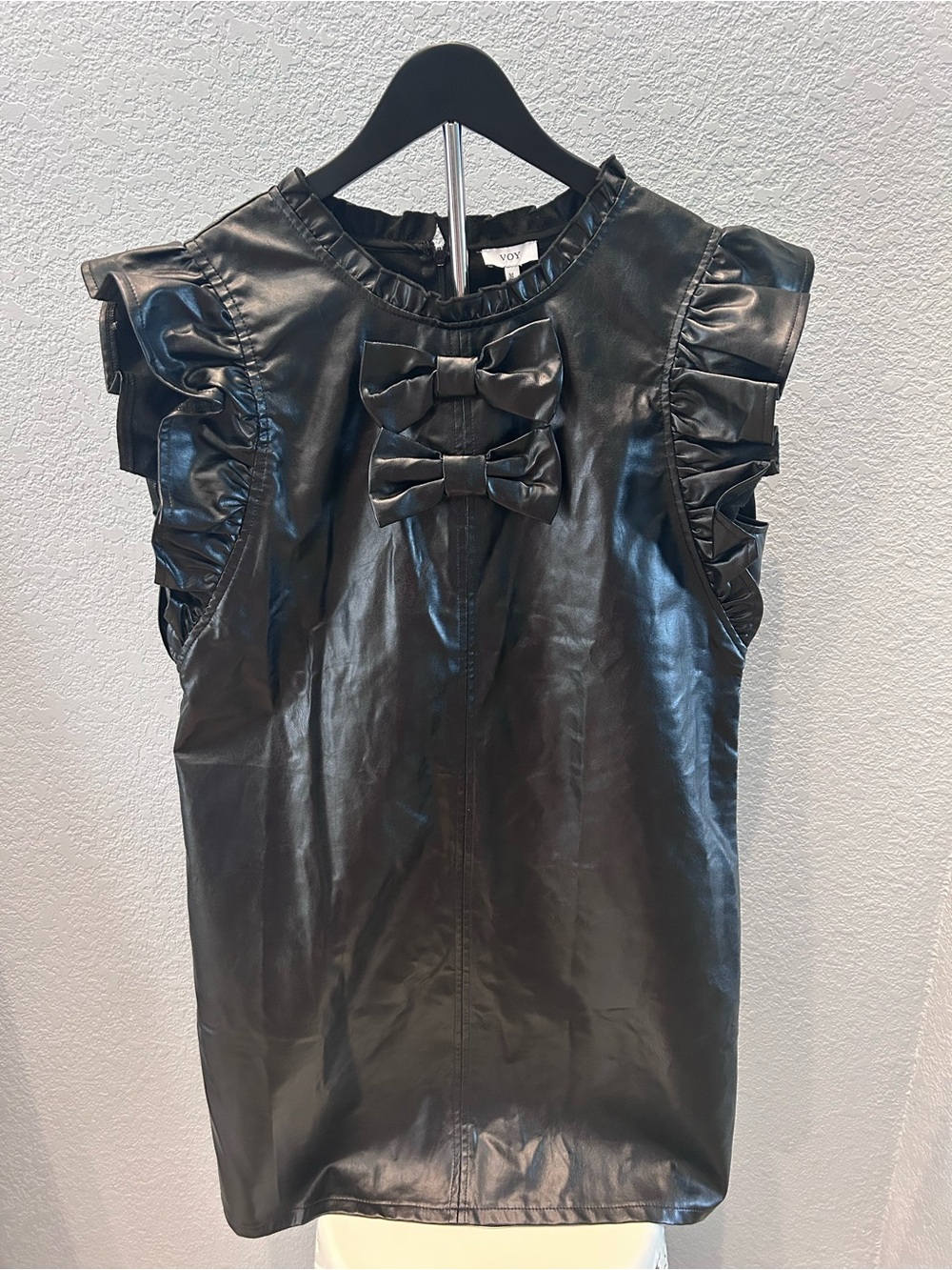 Voy Faux Leather Black Midi Dress with Ruffle Sleeves & Bows